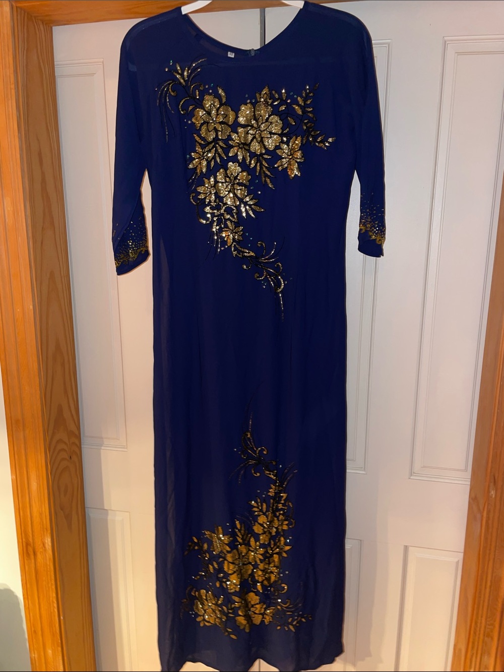 Navy Blue Maxi Dress with Gold Floral Embellishment. Size 42